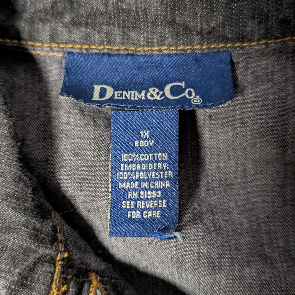 Denim&Co Dark Jean Jacket with Blue Embroidery - Picture 6 of 7